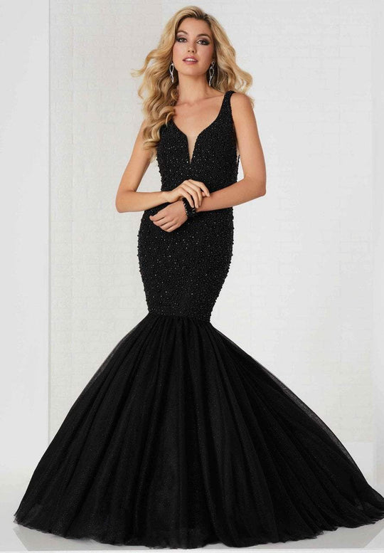 Tiffany Homecoming - 46124 Sleeveless Pearl Adorned Tulle Trumpet Gown In Black