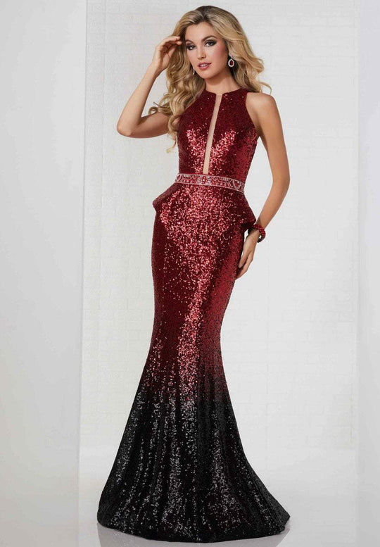 Tiffany Homecoming - 46126 Peplum Ornate Ombre Sequined Mermaid Gown In Red and Black