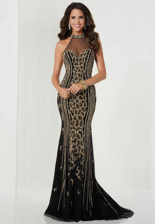 Tiffany Homecoming - 46128 Gilt Embellished Illusion High Neck Gown In Black and Gold