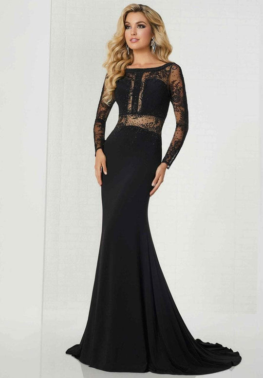 Tiffany Homecoming - 46129 Long Sleeve Lace Ornate Illusion Paneled Gown In Black