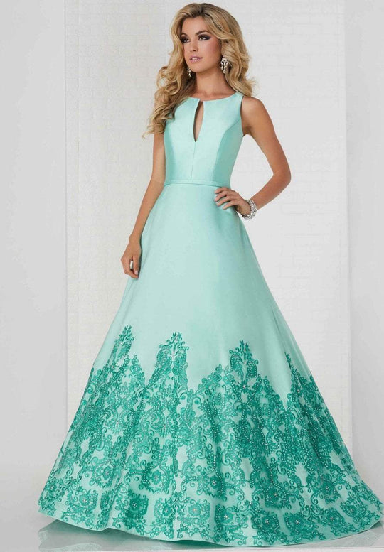 Tiffany Homecoming - 46130 Plunge Bodice Bejeweled Lace Trimmed Ballgown In Blue and Green