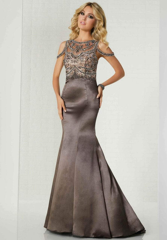 Tiffany Homecoming - 46131 Drape Accented Ornate Illusion Jewel Gown In Brown