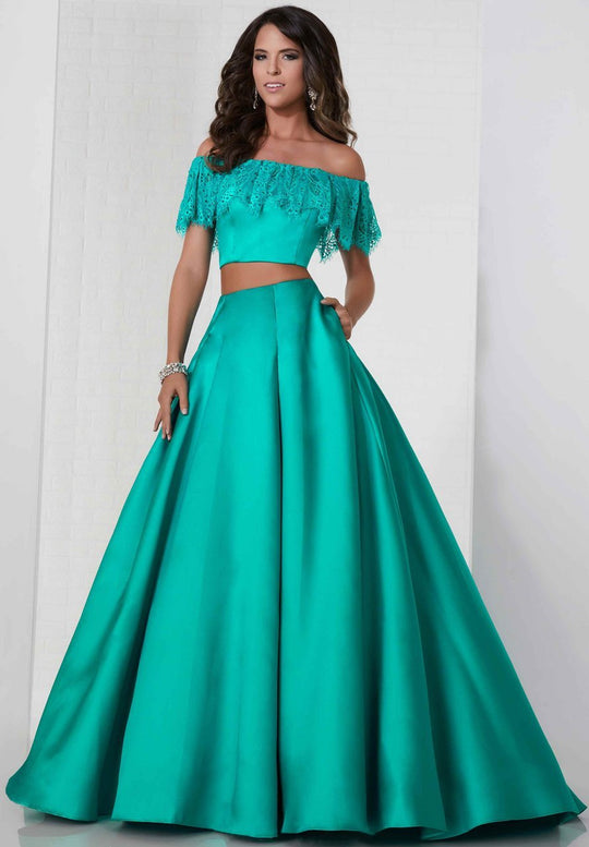 Tiffany Homecoming - 46134 Off-Shoulder Two-Piece Ballgown In Green