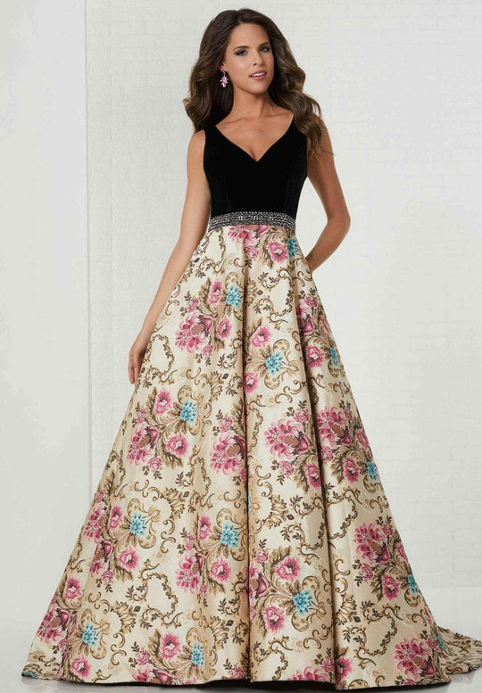 Tiffany Homecoming - 46143 Velvet V-neck Printed Brocade Ballgown In Black and Neutral
