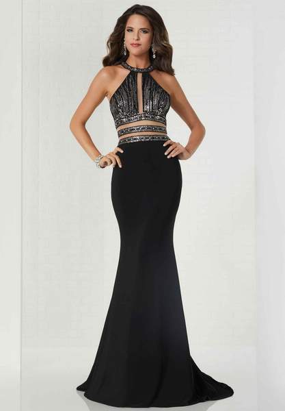 Tiffany Designs - Beaded Halter Jersey Sheath Dress 46144 In Black