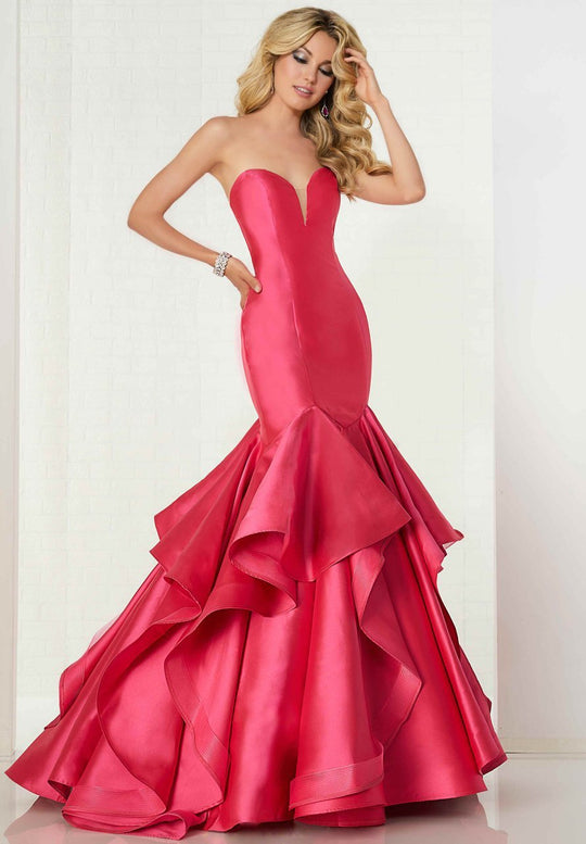 Tiffany Homecoming - 46147 Plunging Sweetheart Tiered Mermaid Dress In Red