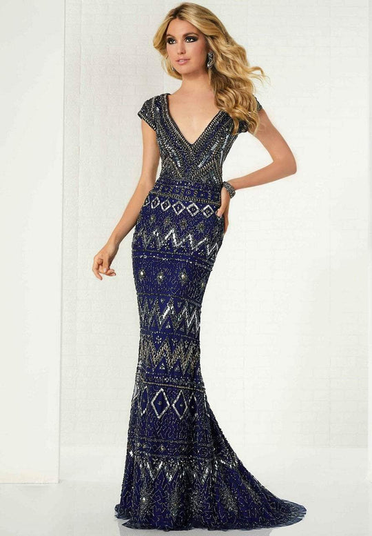 Tiffany Homecoming - 46149 Deep V-neck Embellished Sheath Gown In Silver and Blue