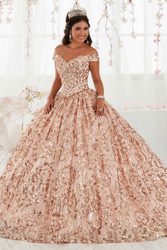 Quinceanera Collection - 26919 Off Shoulder Sequined Ballgown In Pink and Gold