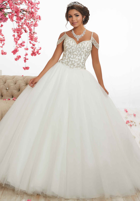 Fiesta Gowns - 56342 Beaded V-neck Tulle Ballgown With Cold Shoulders