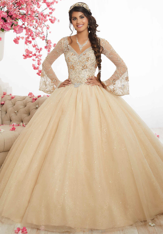 Fiesta Gowns - 56346 Beaded Long Bell Sleeve Sparkle Tulle Ballgown