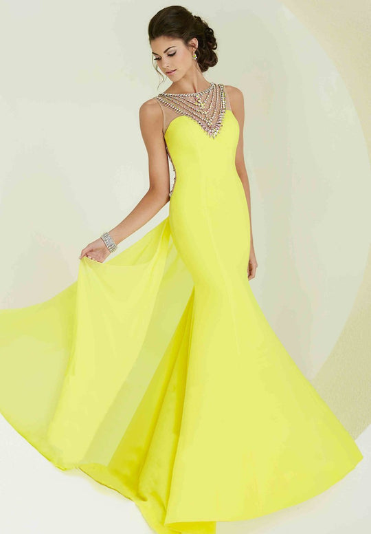 16154 Fit and Flare Dress with Bead Accented Collar in Bright Yellow/Multi