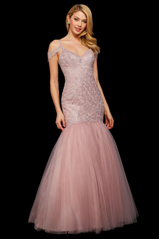 Sherri Hill - 53140 Beaded Lace V-neck Tulle Mermaid Dress In Pink
