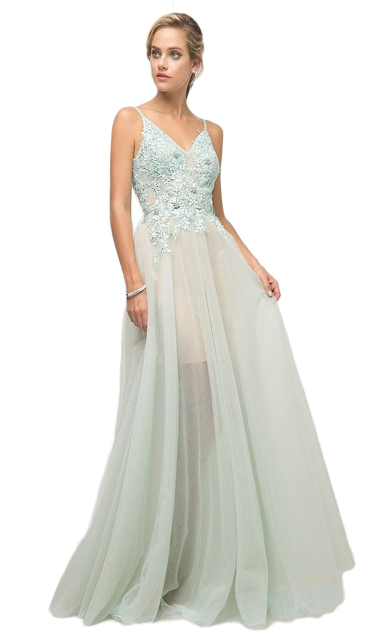 Cinderella Divine - Appliqued V-neck Tulle A-line Dress