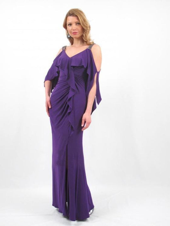 Daymor Couture - 659 Ruffled V Neck Pleated Long Dress in Purple