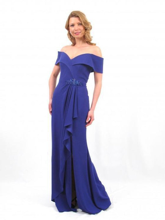 Daymor Couture - 663 Off Shoulder Ruffled Long Dress with Slit in Blue