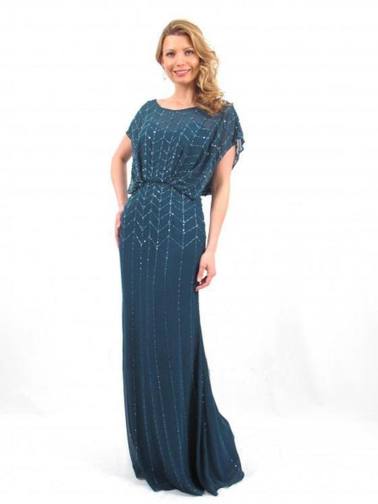 Daymor Couture - 665 Beaded Scoop Neck Blouson Long Dress in Green