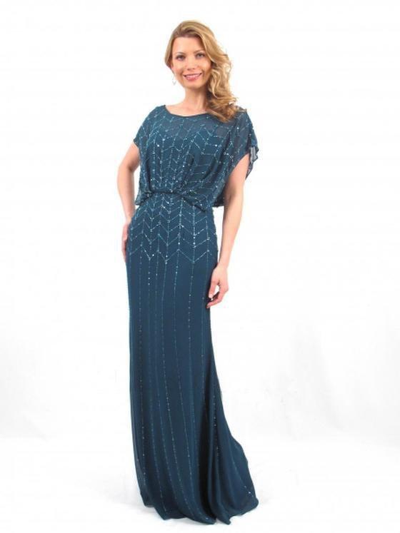 Daymor Couture - 665 Beaded Scoop Neck Blouson Long Dress in Green