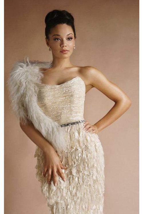 Daymor Couture - 1027 Strapless Ruffled Evening Gown in Neutral