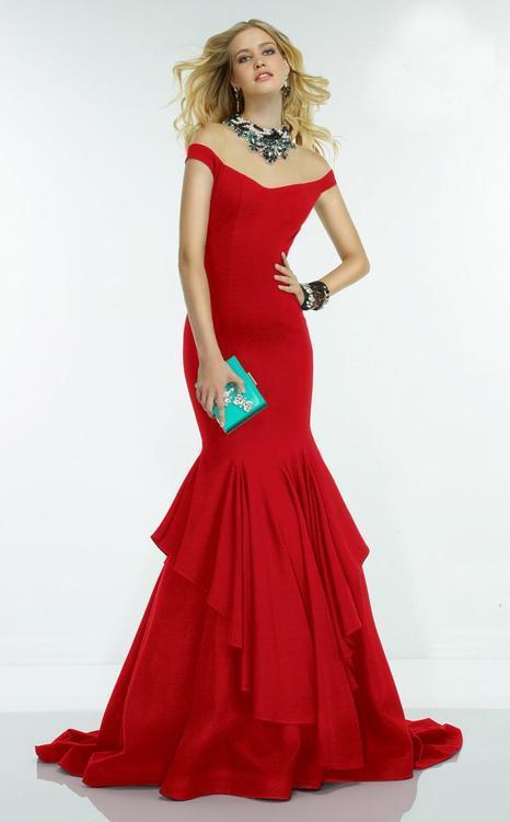 Alyce Paris Adorned Illusion Off Shoulder Ruffled Trumpet Gown 2551 In Red