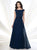 Montage - Beaded Bateau Neck A-Line Gown with Slit 215903 in Blue