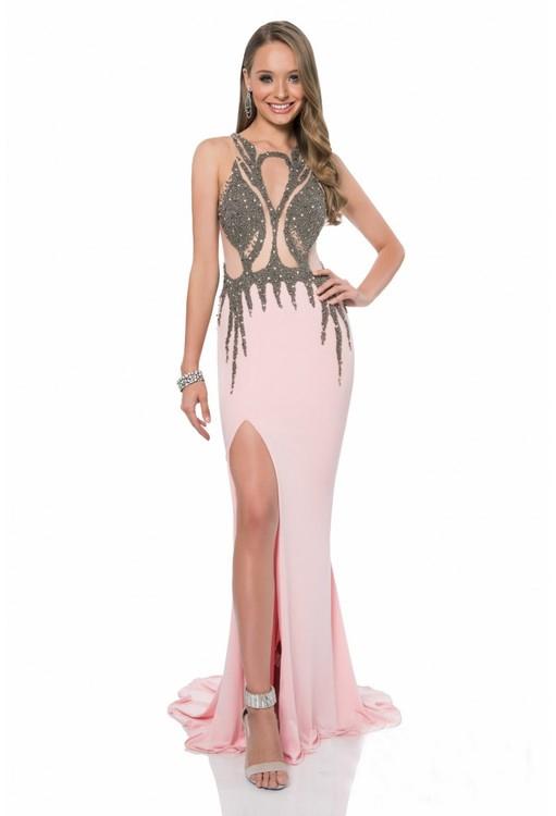 Terani Couture - 1612P0598A Beaded Illusion Halter Sheath Dress in Pink