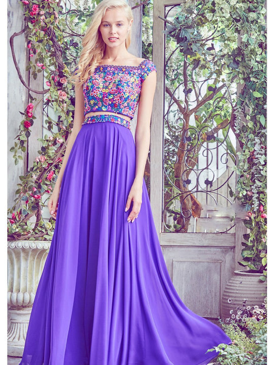 Angela and Alison - Off Shoulder Floral Top Two Piece Dress 771032 in Purple and Floral