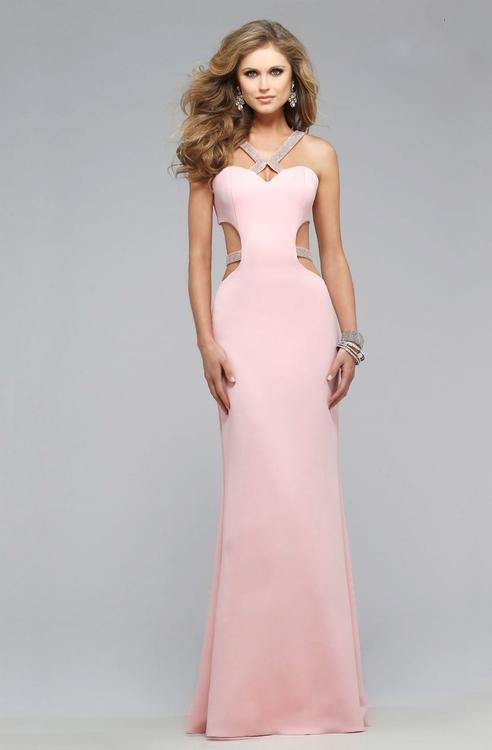 Embellished Halter Neoprene Evening Gown with Side Cut-Outs 7702