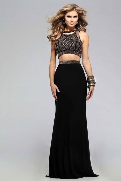s7706 Jersey two-piece evening dress with beaded bust and lace-up back