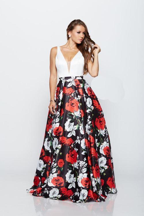 Milano Formals - Deep V-Neck Floral Printed Dress  in White and Multi-Color
