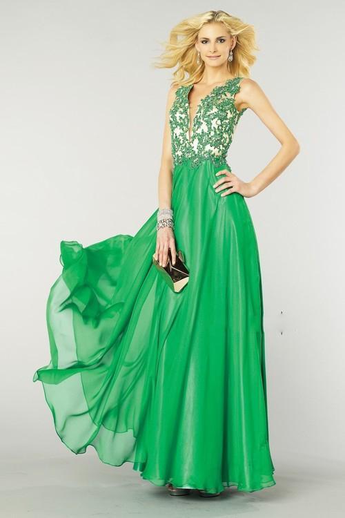 Alyce Paris - 6418 Sleeveless Applique Plunging Gown in Green