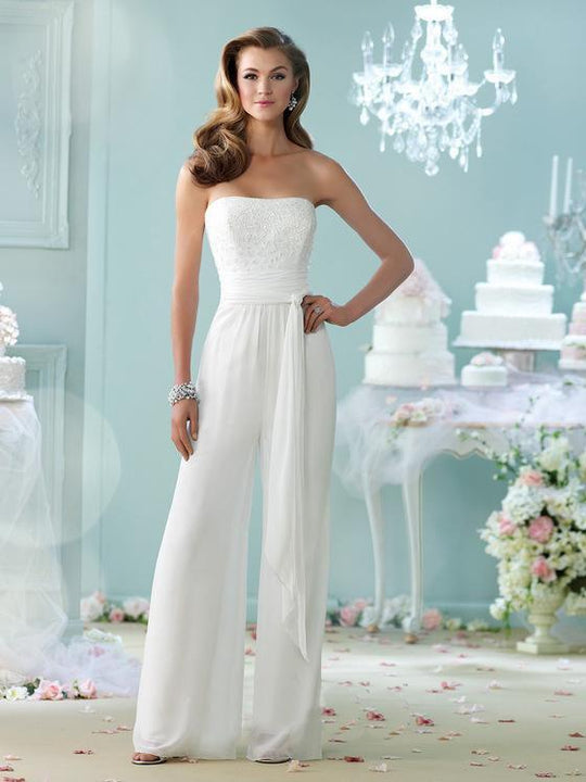 Mon Cheri - Beaded Semi-Sweetheart Jumpsuit in White