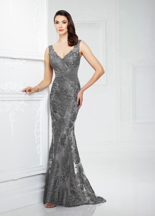 Mon Cheri - Embroidered Ruched Sheath Gown 217942 In Gray