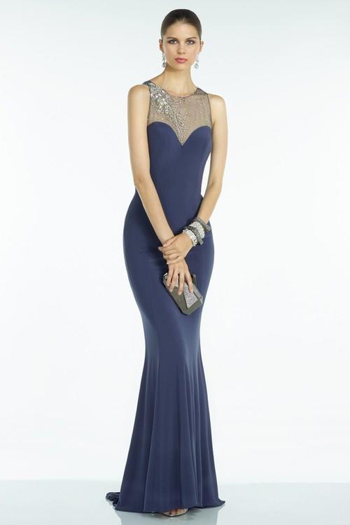 Illusion Beaded Neckline Jersey Mermaid Gown in Blue