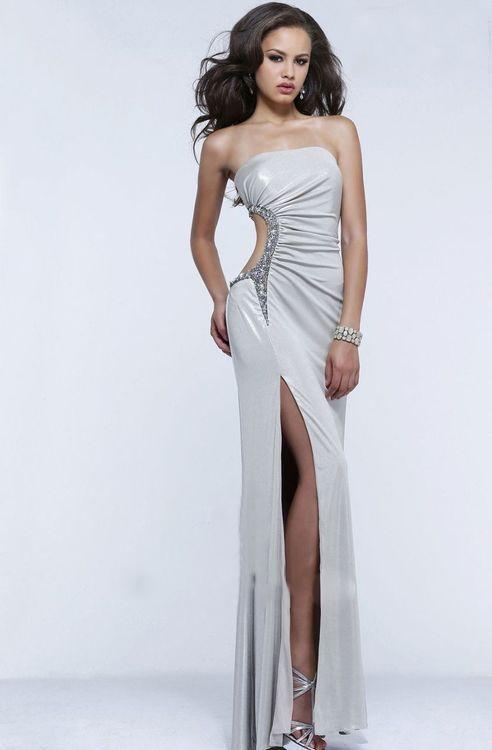 Bejeweled Strapless Jersey Long Evening Gown with Asymmetrical Side Cut-out 7311