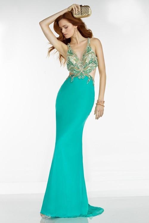 Alyce Paris  - 6524 Beaded V Neck Long Gown with Open Back in Green