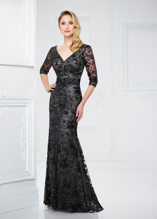 Montage by Mon Cheri - 217932 Embroidered Illusion Sleeve Gown in Black and Gray