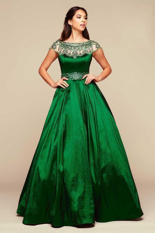 Mac Duggal - Embellished Sheer Bateau Ballgown in Green