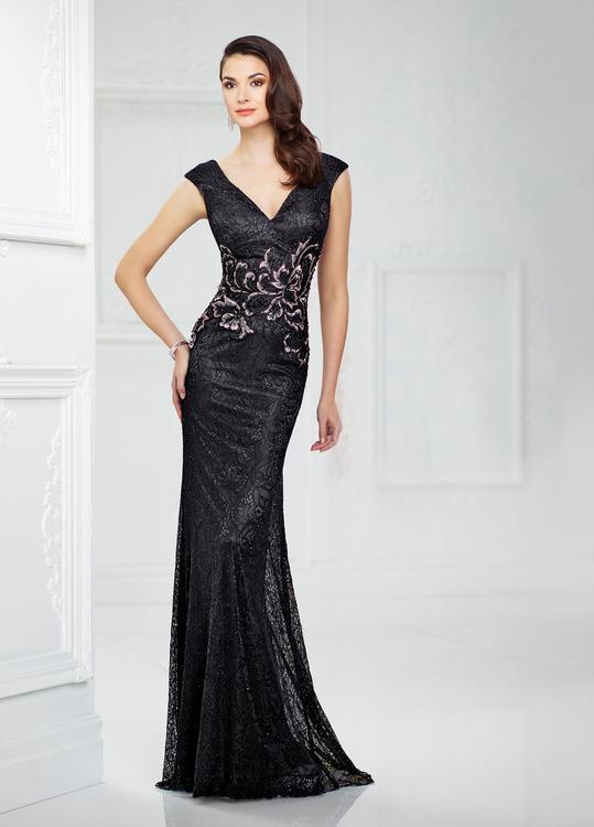 Montage by Mon Cheri - 217946 Cap Sleeve Intricate Lace Sheath Gown in Black