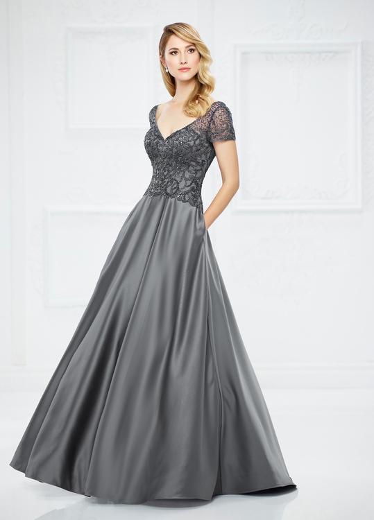 Mon Cheri Short Sleeve Beaded Long Satin Gown - 1 pc Charcoal In Size 6 Available In Gray