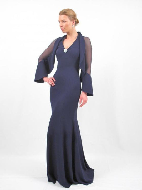 Daymor Couture - 656 V Neck Dress with Brooch and Illusion Sleeves in Blue