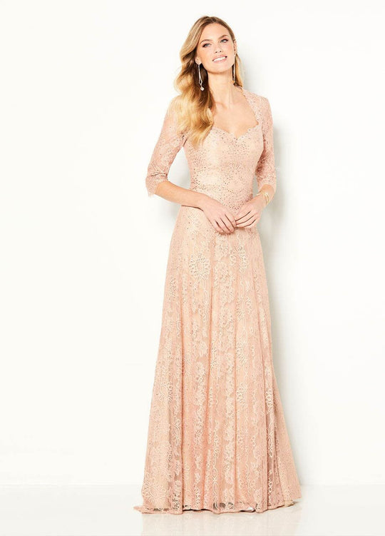 Cameron Blake - 219693W Lace Quarter Length Sleeve V-neck A-line Gown In Pink