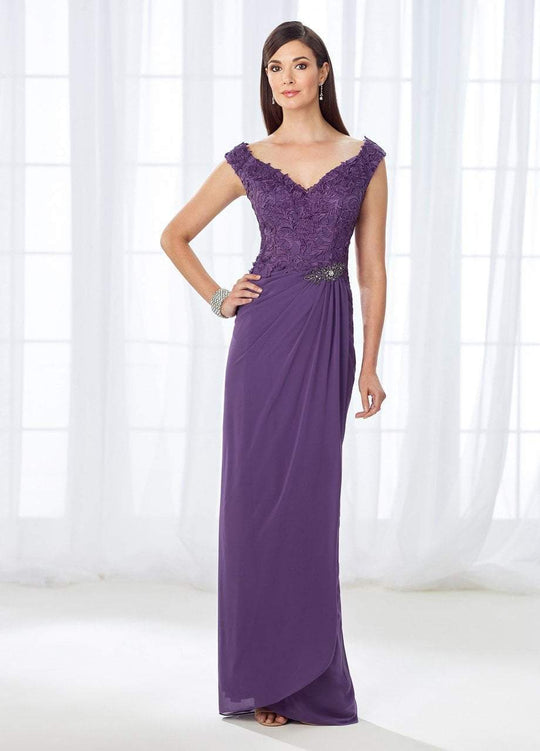 Cameron Blake - 118674 Lace Cap Sleeve Side Draped Evening Gown In Purple