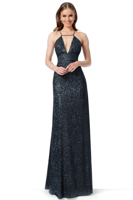 Jovani - 1551 Sleeveless Deep V-neck Sheath Dress With Train In Black and Blue
