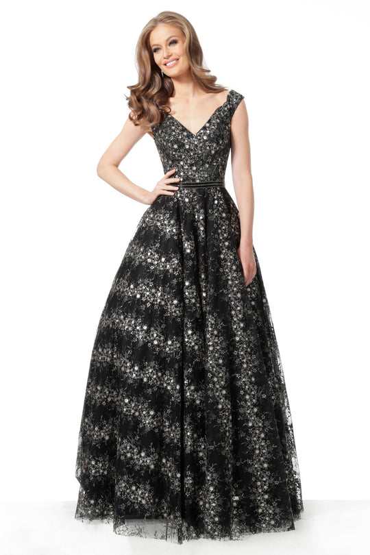 Jovani - 68059 Sleeveless V-Neck Embellished A-line Dress In Black and White