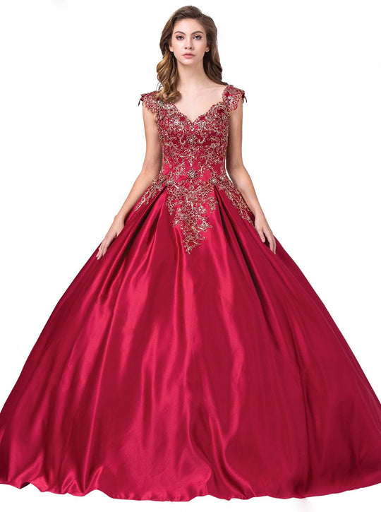 Dancing Queen - 1344 Cap Sleeve Floral Gilt-Appliqued Ballgown In Red