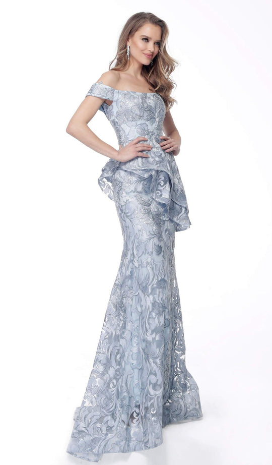 Jovani - 61591 Floral Embroidered Off-Shoulder Trumpet Dress In Blue