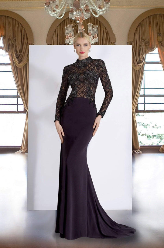 Janique - W1003 Embellished High Neck Long Sleeve Trumpet Dress in Black