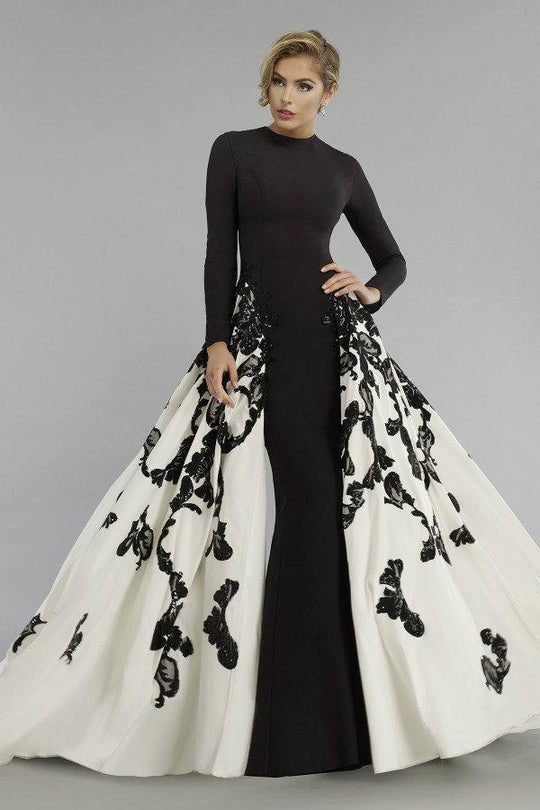 Janique W1632 - Long Sleeve Congregated A-Line Open overlay Gown In Black and  White