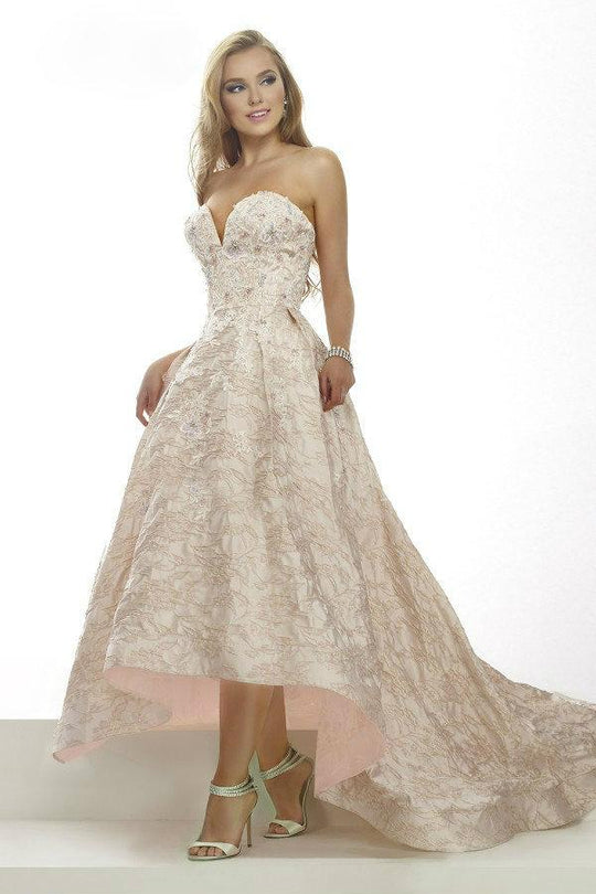 Janique W1677 Sweetheart High-Low Long Ball Gown With Lace Appliques in Pink
