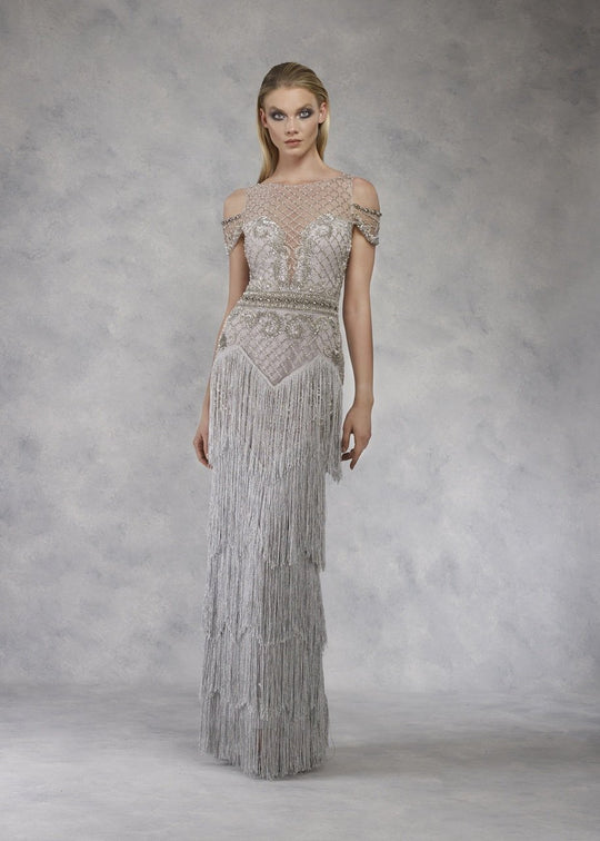 Janique - W1683 Embellished Illusion Bateau Fringe Sheath Gown In Silver